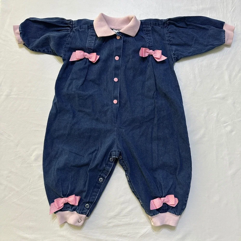 Buster Brown Denim Romper Baby Girl 18M Bows Vintage 90s Coquette Americana